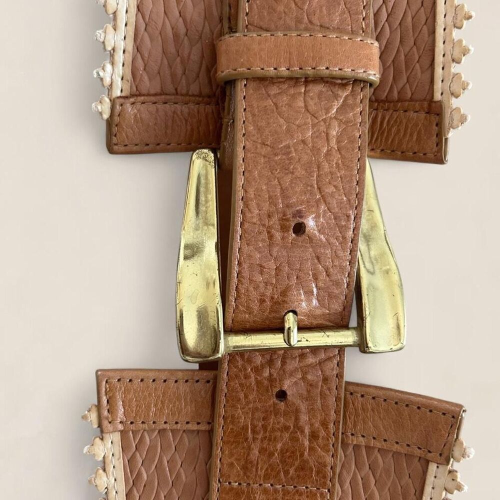 Leatherock leather wide chunky buckle waist belt western boho tan cognac size S - Picture 4 of 8